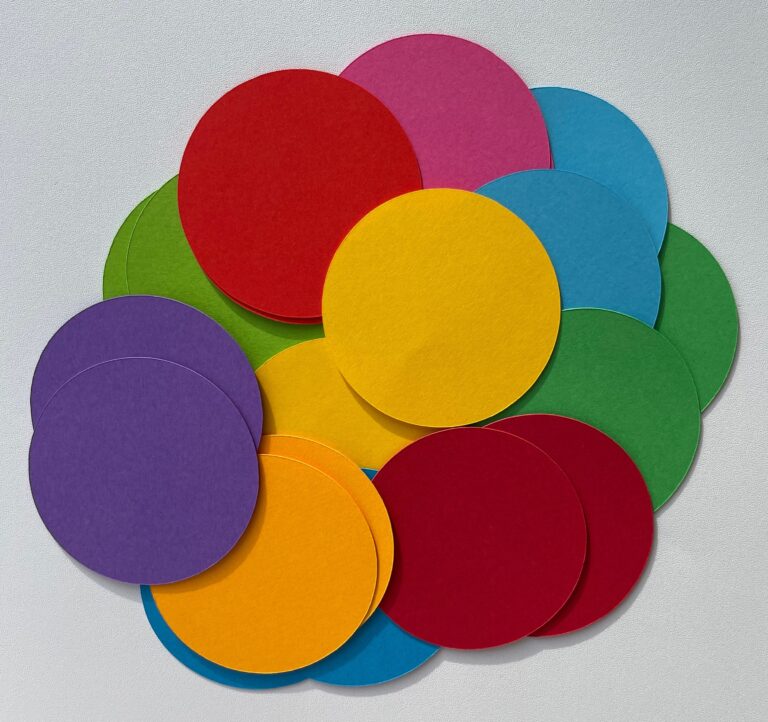 6cm Multicoloured rainbow dots, circle die cuts, for scrapbooking, card toppers, embellishments, children’s crafts, 160gsm paper/card.