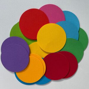 6cm Multicoloured rainbow dots, circle die cuts, for scrapbooking, card toppers, embellishments, children’s crafts, 160gsm paper/card.