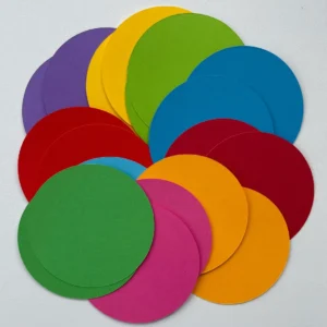 7cm Multicoloured rainbow dots, circle die cuts, 160gsm paper/card.
