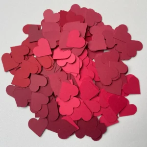 200 Red paper heart die cuts, 1.5cm, 4 shades, for scrapbooking, valentine’s, wedding, cards, confetti. 160gsm card